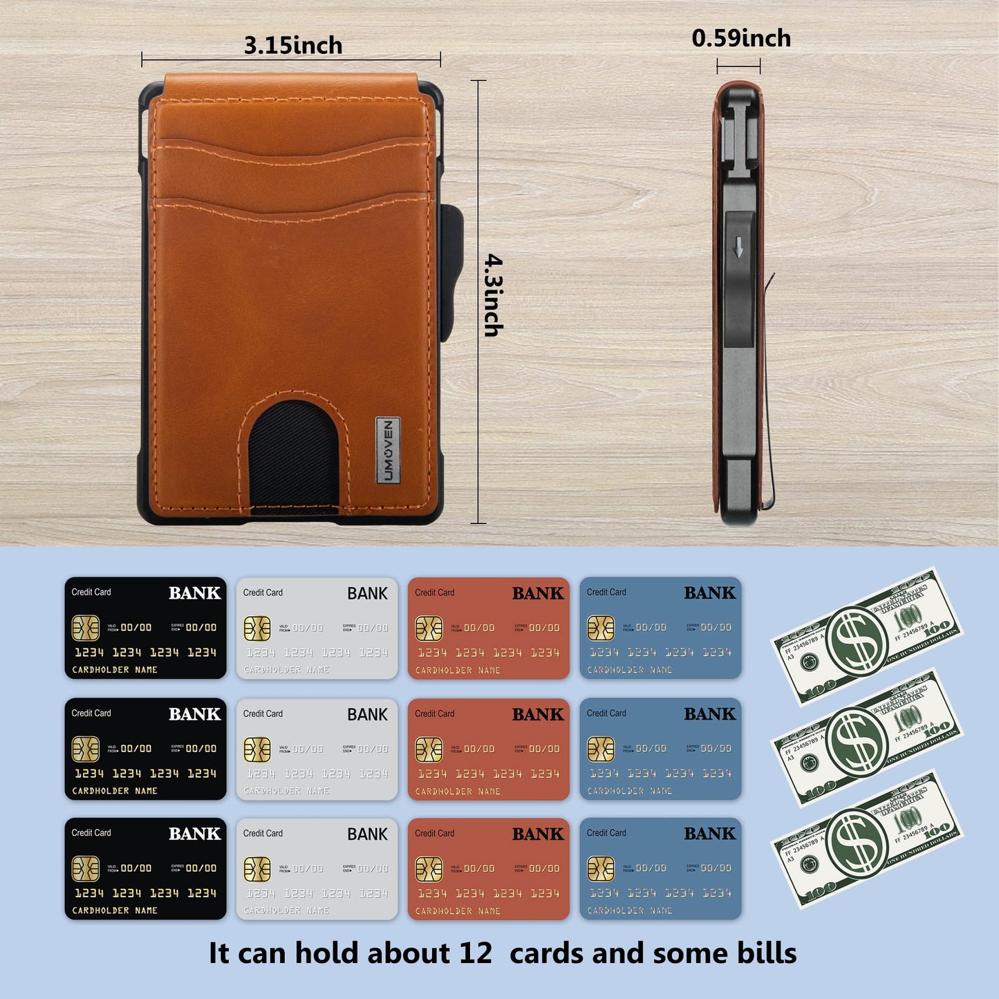 umoven Wallet for Men - with Money Clip Slim Leather Slots Credit Card Holder RFID Blocking Bifold Minimalist Wallet