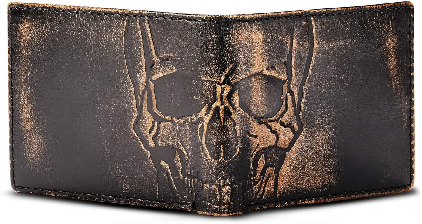 House of Jack Co. SKULL Bifold Wallet for Men | Extra Capacity Two ID Windows | Full Grain Leather With Hand Burnished Finish | Multi Card Capacity | Skull Men's Wallet