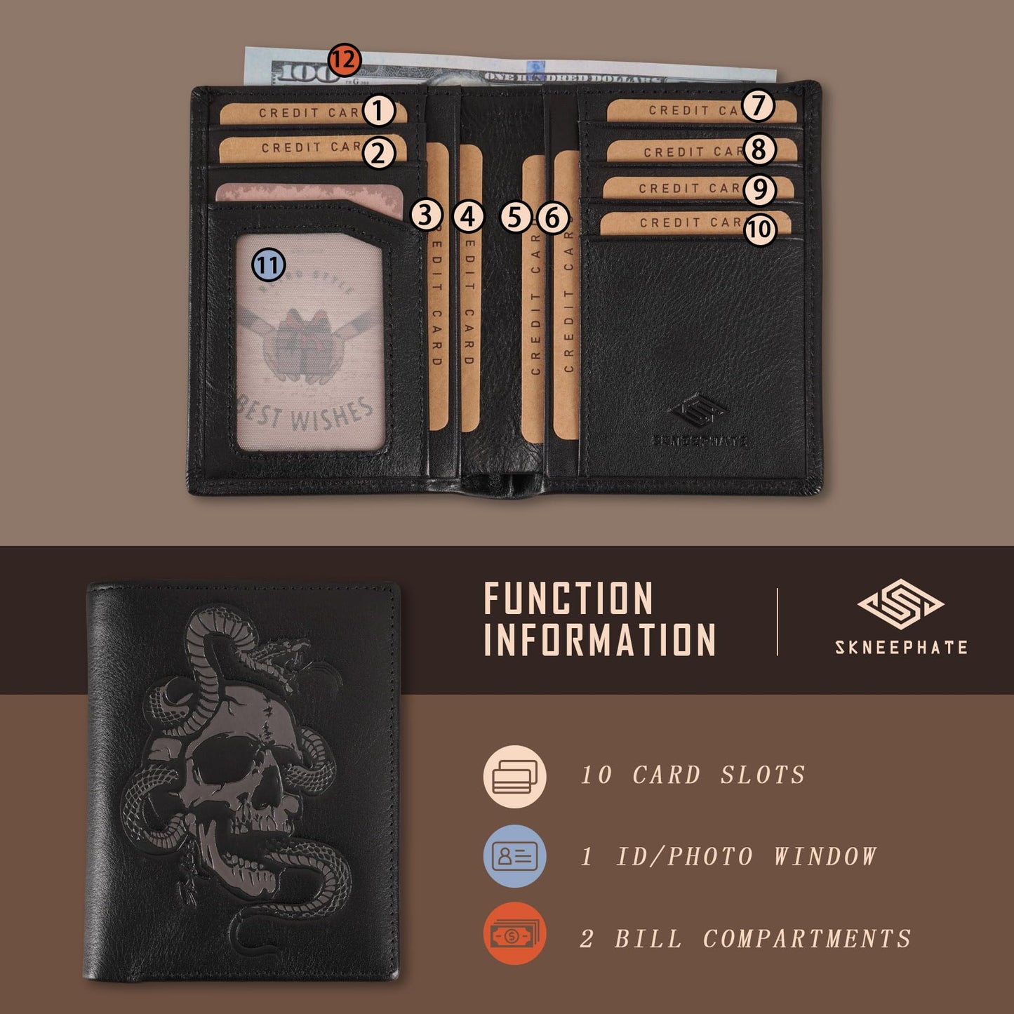 Skull Wallets For Men,Cool Mens Wallet Leather,Vertical Bifold RFID Blocking Wallets,Gifts for Him Husband and Boyfriend Gift (Coffee)