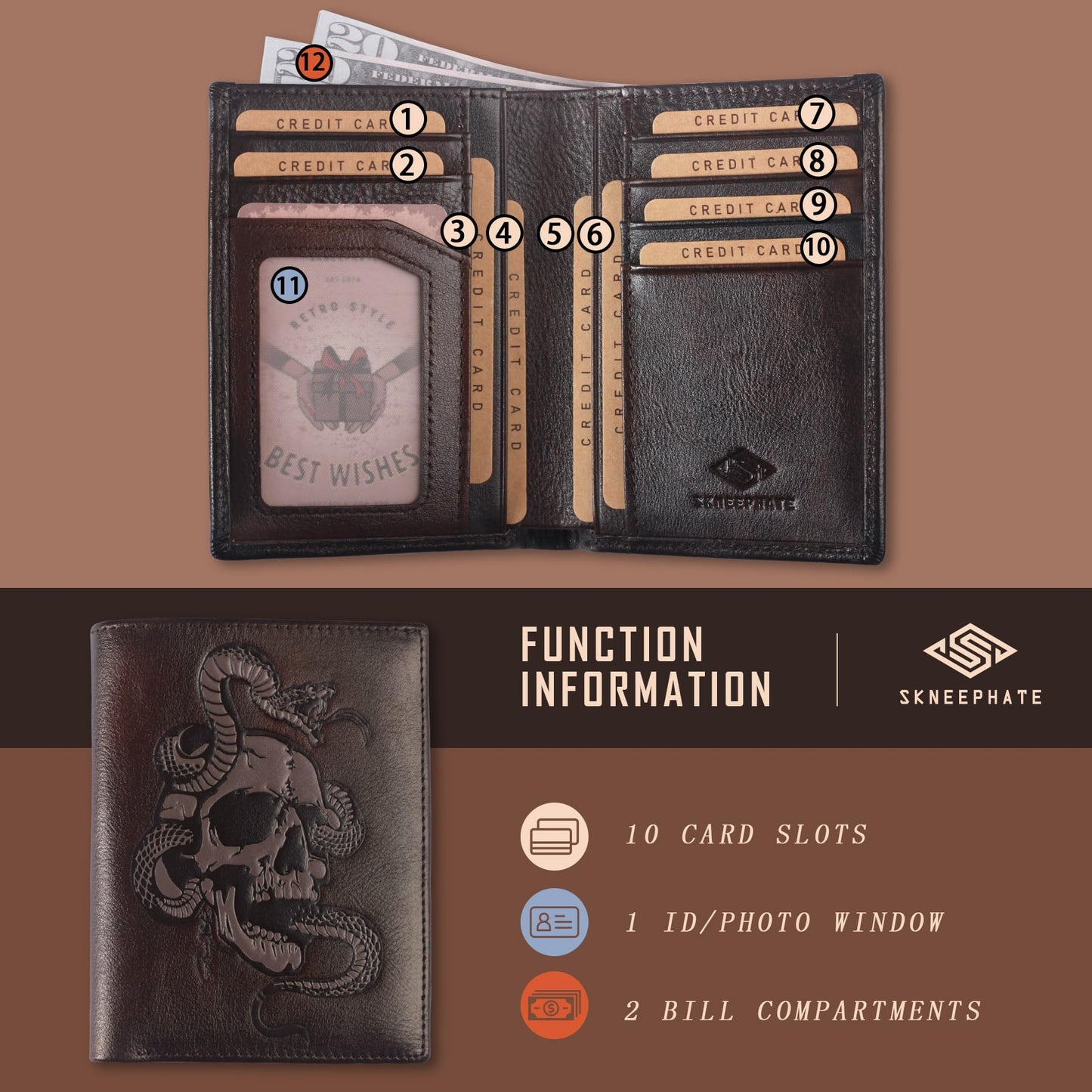 Skull Wallets For Men,Cool Mens Wallet Leather,Vertical Bifold RFID Blocking Wallets,Gifts for Him Husband and Boyfriend Gift (Coffee)