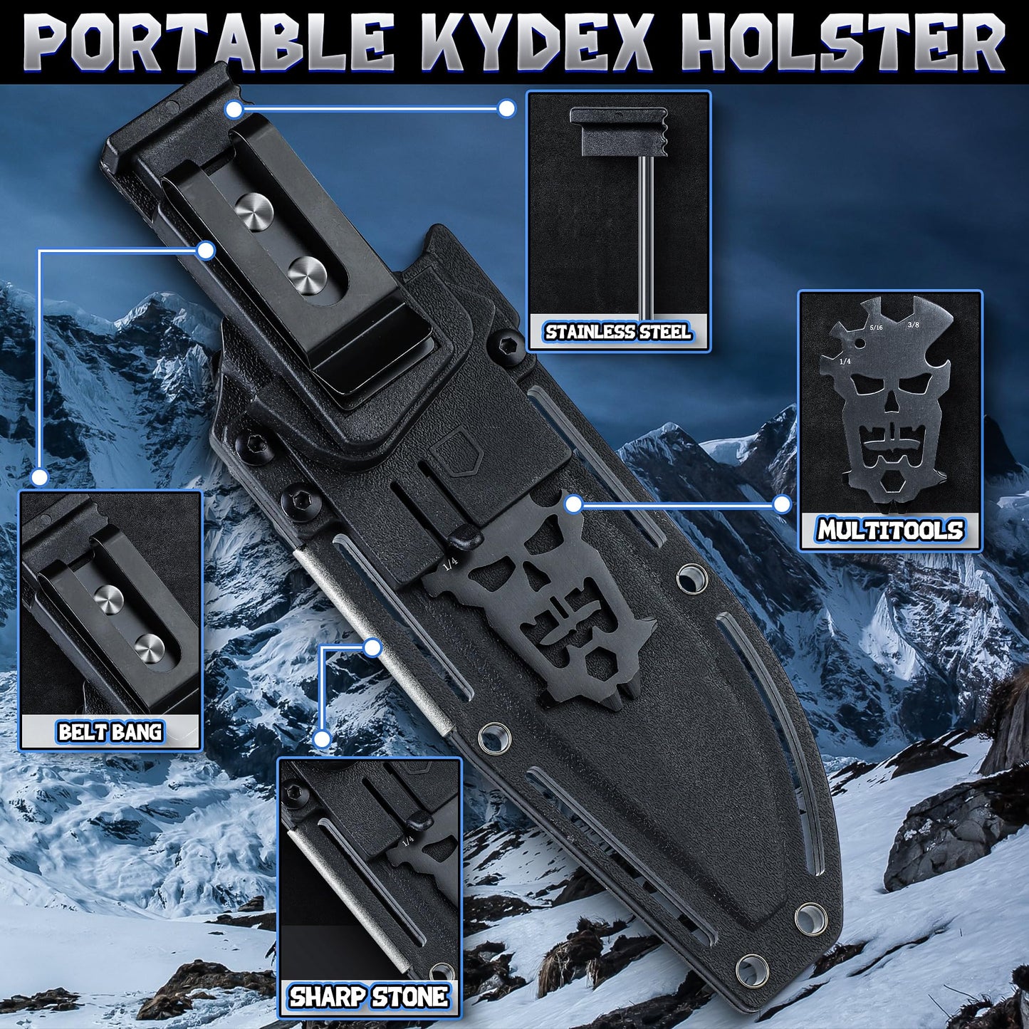 Purple Dragon Khaki Survival Knife with Kydex Sheath, Full Tang Fixed Blade Hunting Knife Made from a Single Piece of D2 Steel, Field Knife for Bushcraft Camping and Hunting, Gifts for Men
