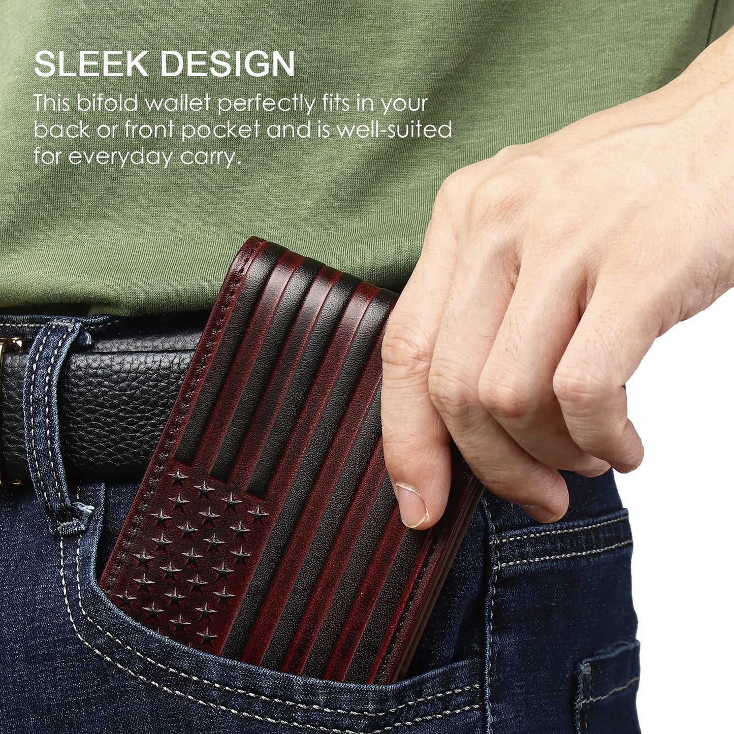 Full Grain Leather Wallets for Men,Bifold Wallets for Men,Mens Leather Wallets with 12 Slots,RFID Blocking Wallets for Men,Gifts for Men (USA Flag,Red)