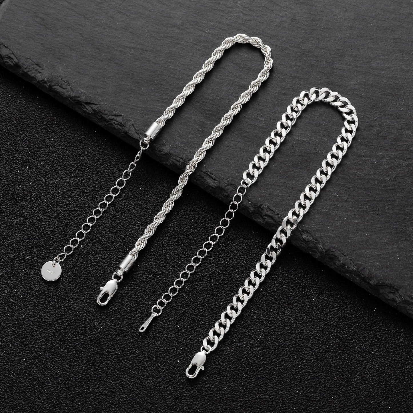RANKEEF 2 Pcs Chain Bracelet for Men - 925 Sterling Silver Bracelet for Men 7-9inch Figaro Rope Cuban Link Bracelet Set for Men Gifts to Men Dad Husband Boyfriend