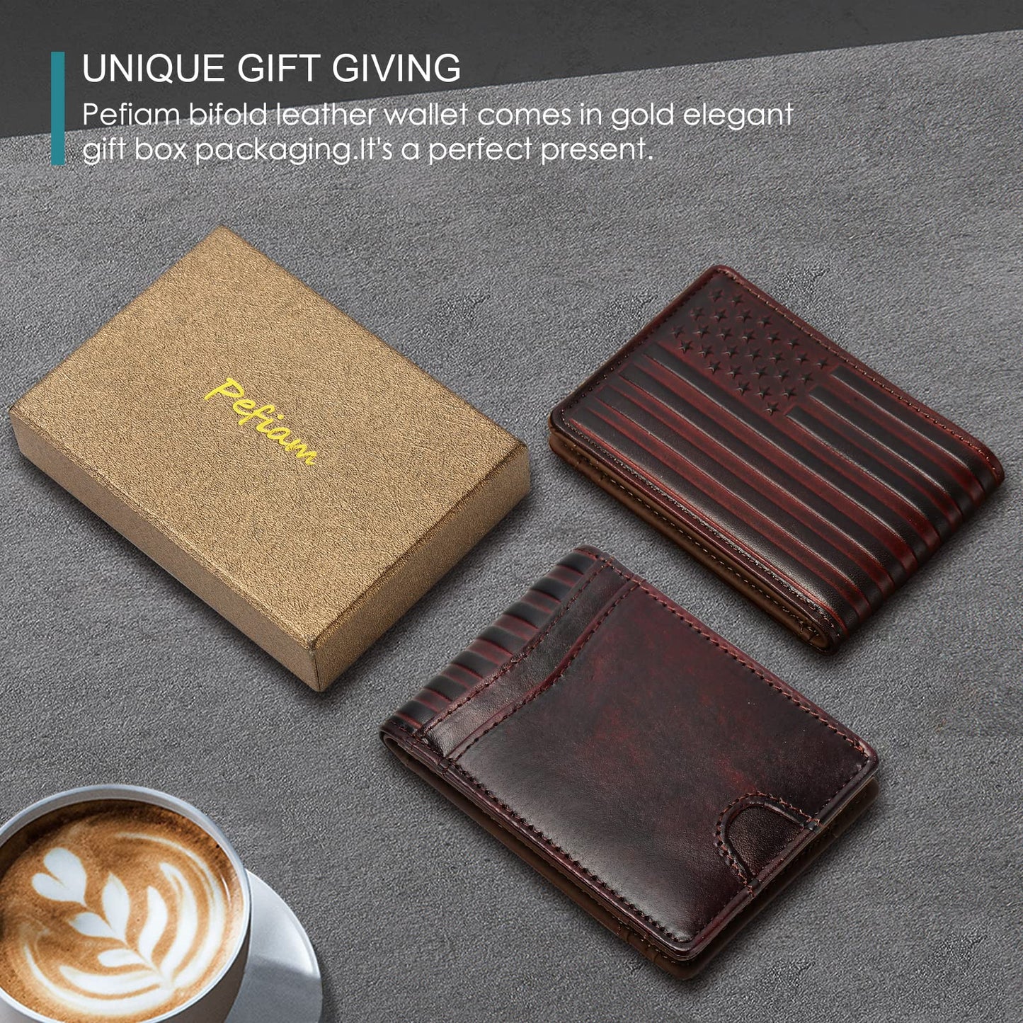 Full Grain Leather Wallets for Men,Bifold Wallets for Men,Mens Leather Wallets with 12 Slots,RFID Blocking Wallets for Men,Gifts for Men (USA Flag,Red)