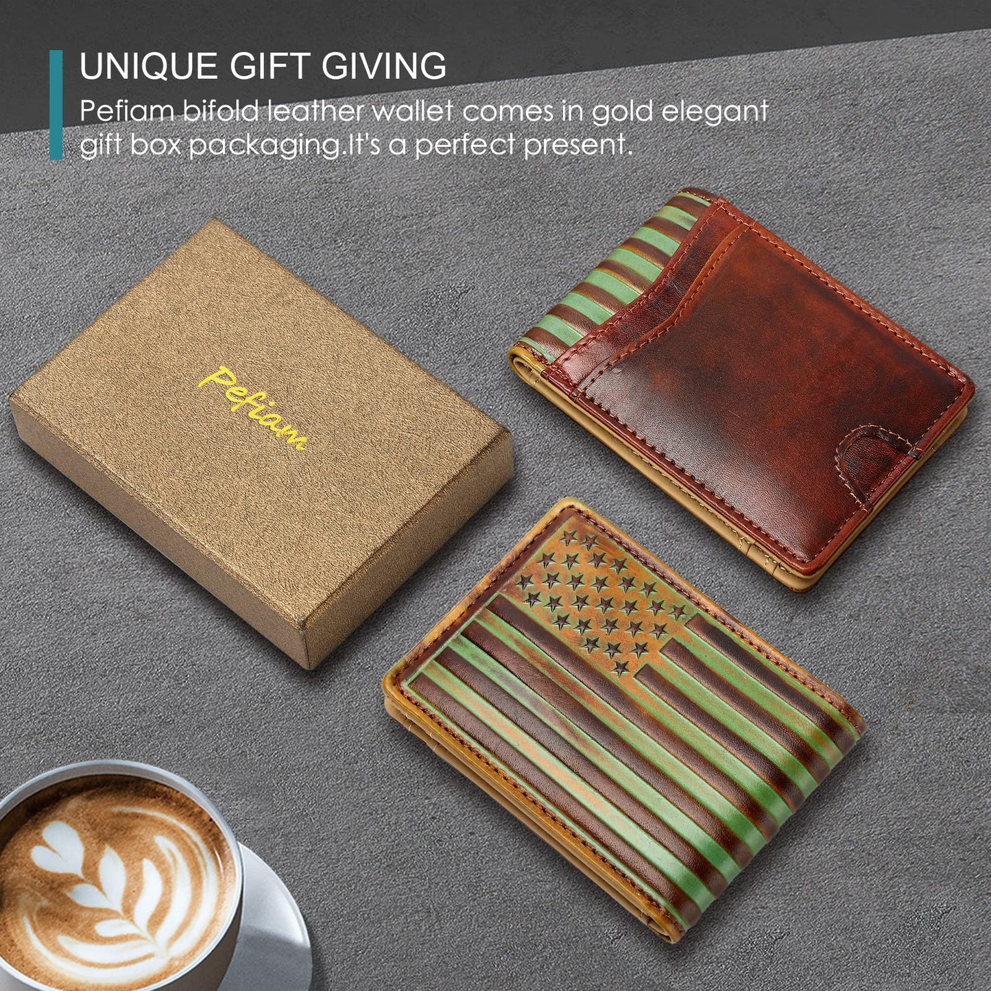 Full Grain Leather Wallets for Men,Bifold Wallets for Men,Mens Leather Wallets with 12 Slots,RFID Blocking Wallets for Men,Gifts for Men (USA Flag,Red)