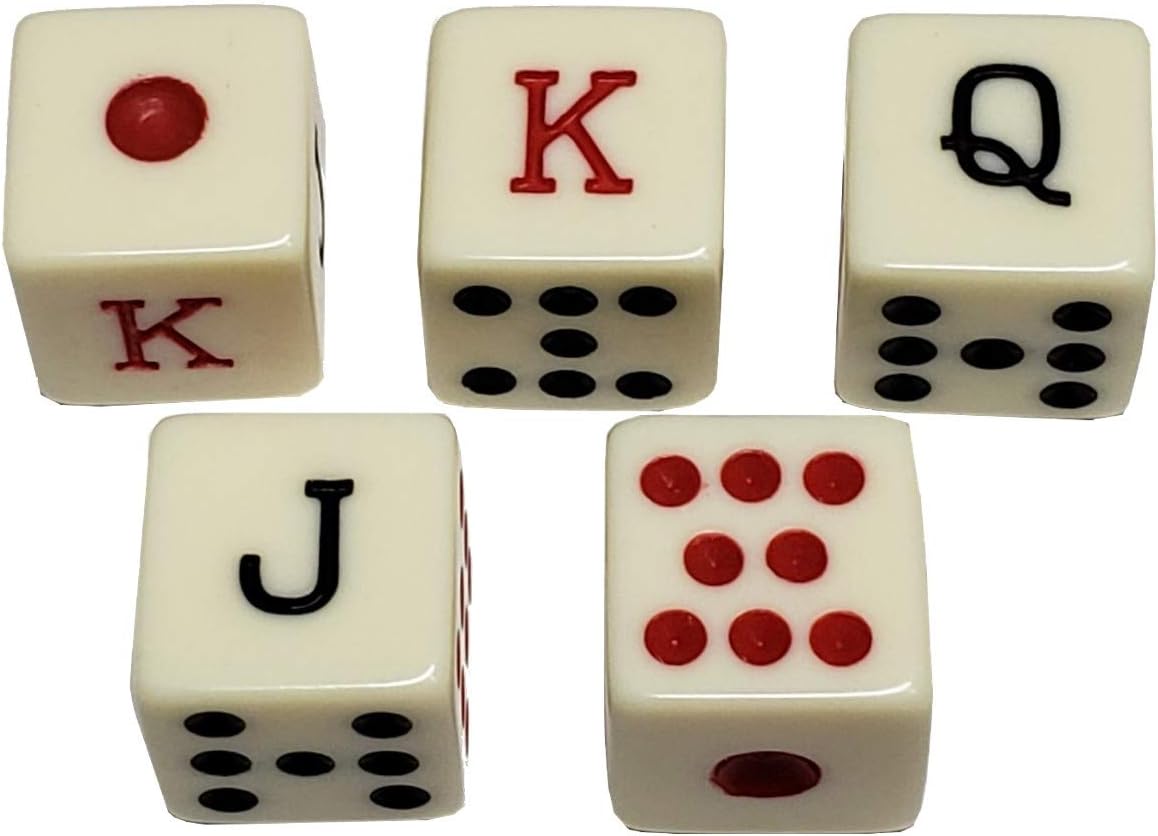 Set of 16mm Poker Dice Squared Corners and Black PU Leather Dice Cup Plush Velvet Lined - Gift Boxed (Spanish Poker (Ivory), Black/Red Cup)