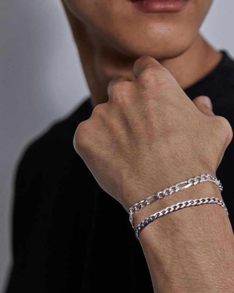 RANKEEF 2 Pcs Chain Bracelet for Men - 925 Sterling Silver Bracelet for Men 7-9inch Figaro Rope Cuban Link Bracelet Set for Men Gifts to Men Dad Husband Boyfriend