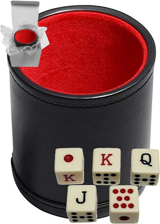 Set of 16mm Poker Dice Squared Corners and Black PU Leather Dice Cup Plush Velvet Lined - Gift Boxed (Spanish Poker (Ivory), Black/Red Cup)