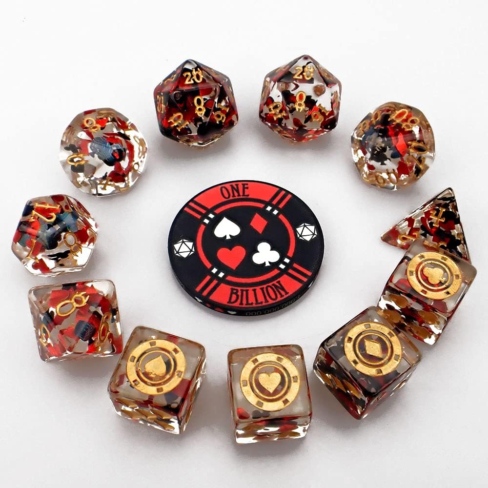 Poker 11 Dice Set with Real Poker Chip | Vegas Themed Gambler Polyhedral Dice Set | DND MTG Board Game Dice