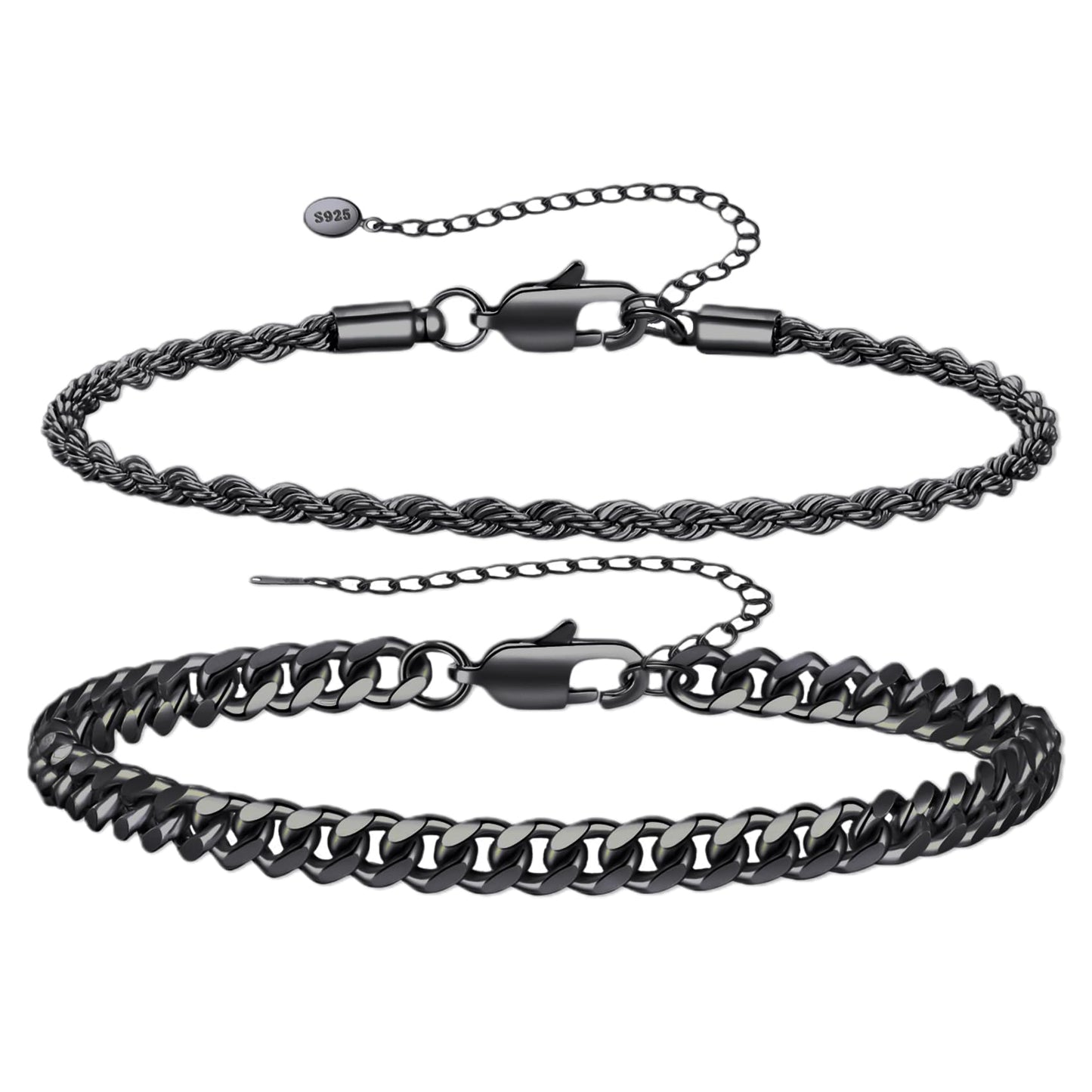 RANKEEF 2 Pcs Chain Bracelet for Men - 925 Sterling Silver Bracelet for Men 7-9inch Figaro Rope Cuban Link Bracelet Set for Men Gifts to Men Dad Husband Boyfriend