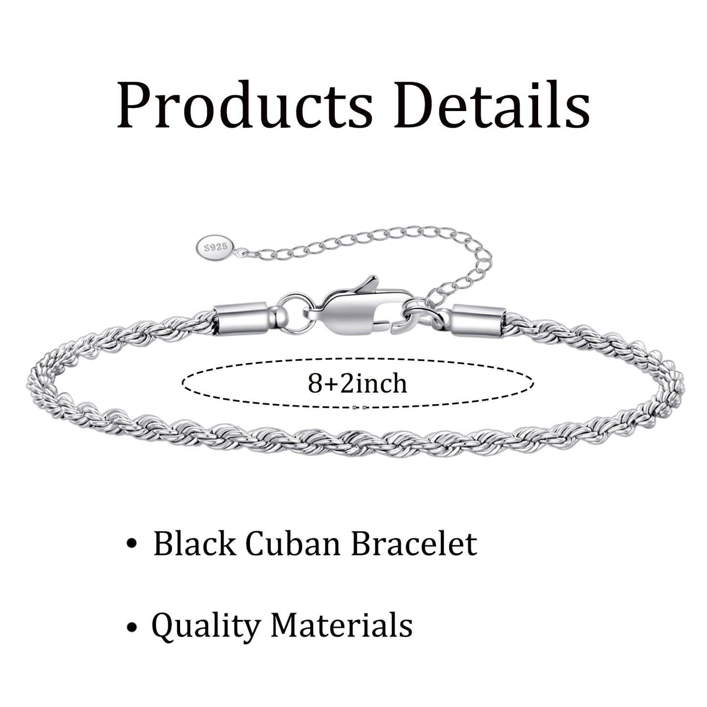 RANKEEF 2 Pcs Chain Bracelet for Men - 925 Sterling Silver Bracelet for Men 7-9inch Figaro Rope Cuban Link Bracelet Set for Men Gifts to Men Dad Husband Boyfriend