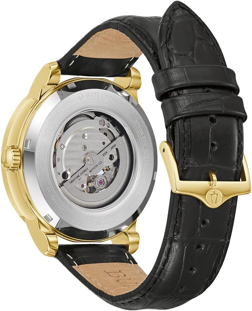 Bulova Men's Classic 3-Hand Automatic Leather Strap Watch, 21-jewels, Hack Feature, Luminous Hands and Markers,Open Aperture and Exhibition Case Back Style: 97A166