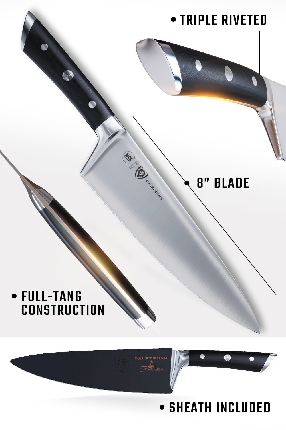 DALSTRONG Chef Knife - 8 inch Blade - Gladiator Series ELITE - Forged HC German Steel Chef's Knife - Razor Sharp Kitchen Knife - Professional Full Tang Knife - Black G10 Handle - Sheath -NSF Certified