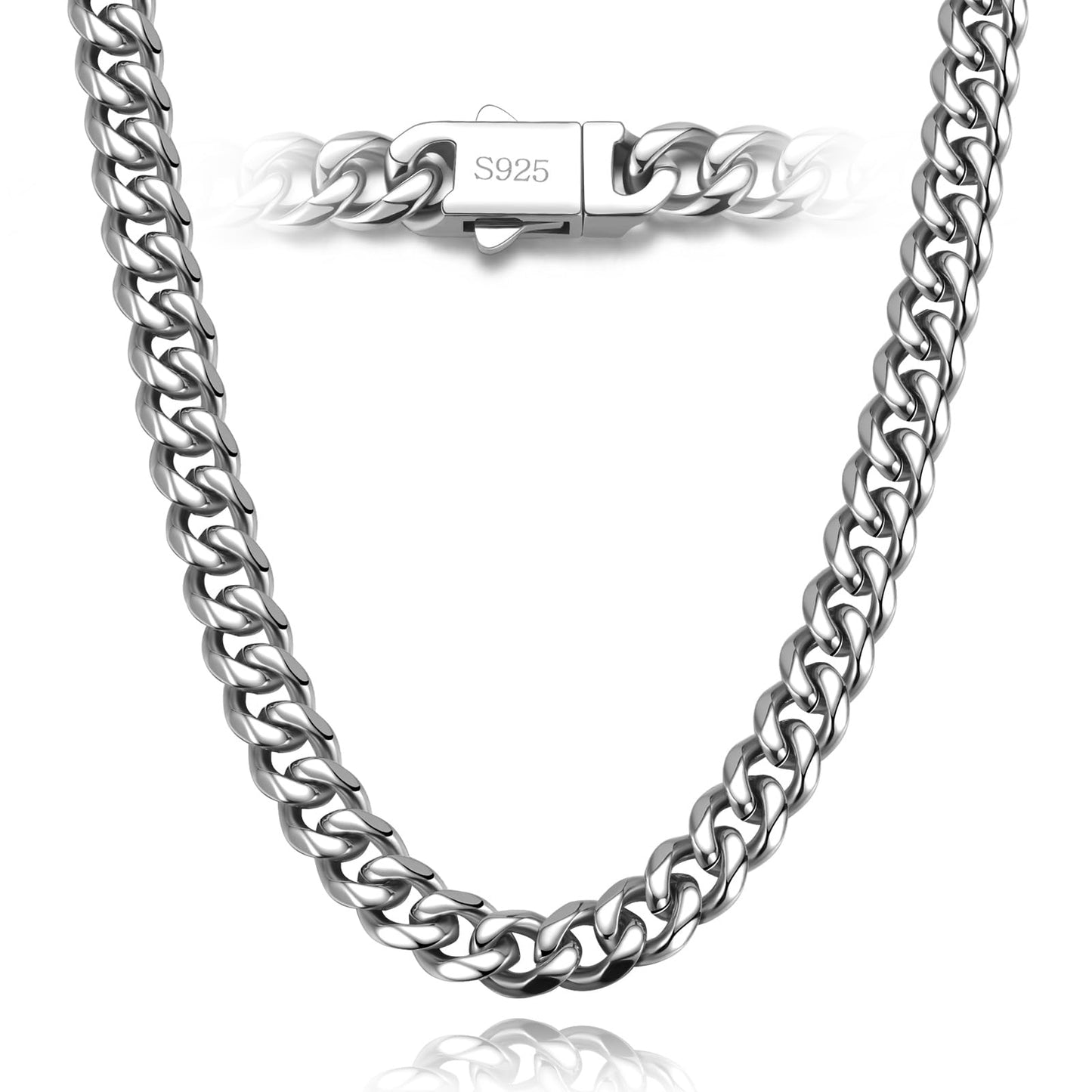 7mm Miami Cuban Link Chain Necklace for Men And Women, 316l Stainless Steel And 925 Sterling Silver Filled, Available In 16/18/20/22/24/26/28/30 Inches Silver Chain for Men Necklace