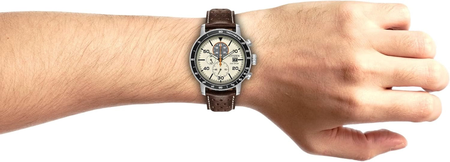 Citizen Men's Eco-Drive Weekender Brycen Chronograph Watch in Stainless Steel, Brown Leather strap, Ivory Dial (Model: CA0649-06X)