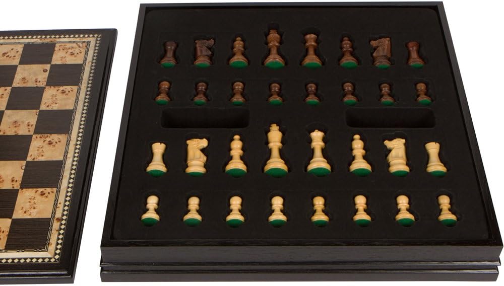 Adrienne Chess Inlaid Burl Wood Board Game with Weighted Wooden Pieces, Extra Large 19 x 19 Inch Set