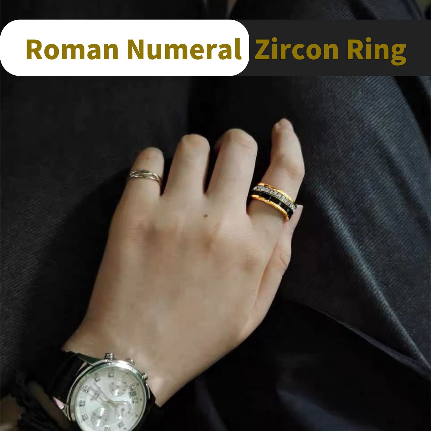 18K Gold Plated Roman Numeral Cubic Zirconia Ring for Women, Square CZ Gold Rings for Men, Spinner Silver Mens Rings Stainless Steel Size 5-13