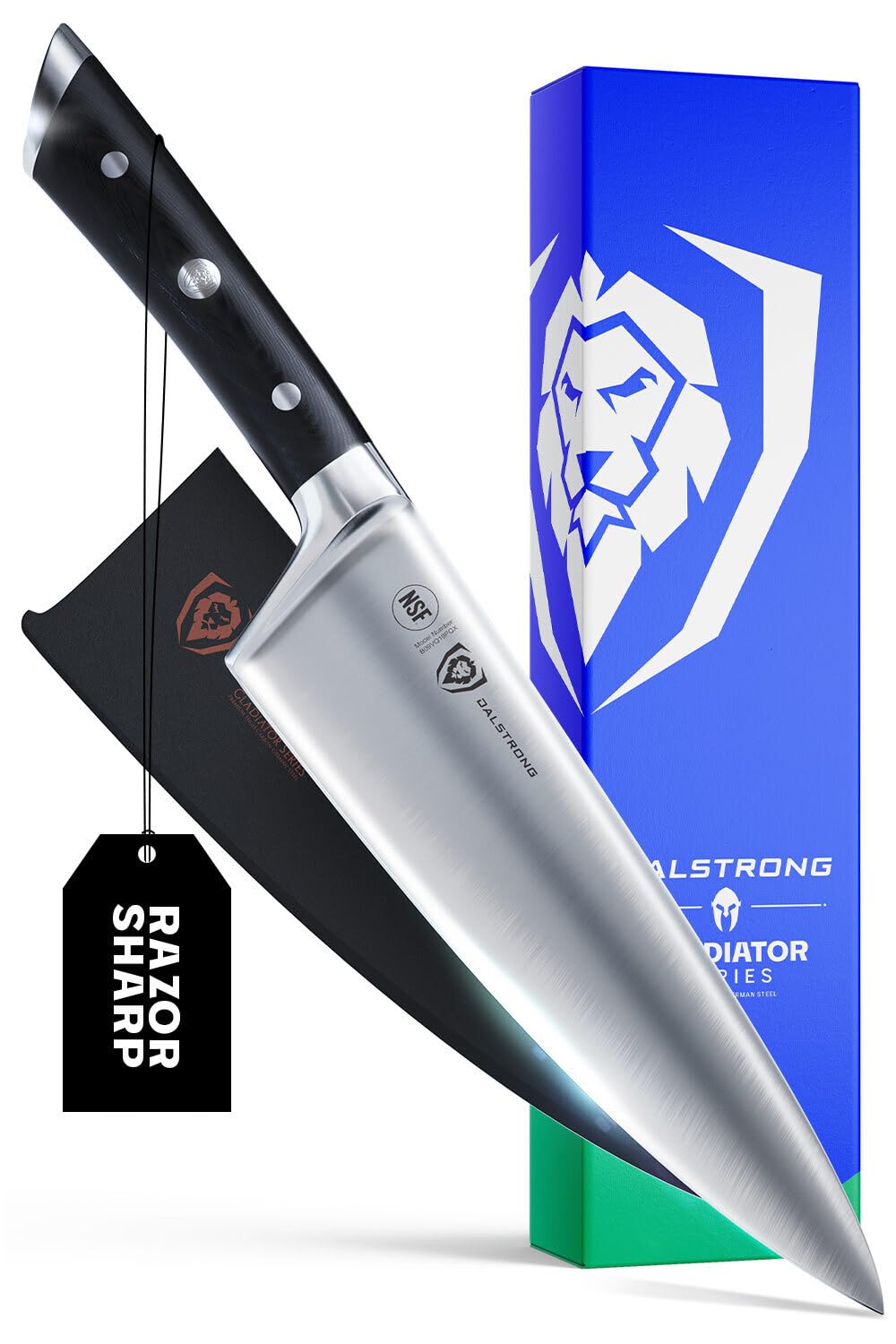 DALSTRONG Chef Knife - 8 inch Blade - Gladiator Series ELITE - Forged HC German Steel Chef's Knife - Razor Sharp Kitchen Knife - Professional Full Tang Knife - Black G10 Handle - Sheath -NSF Certified
