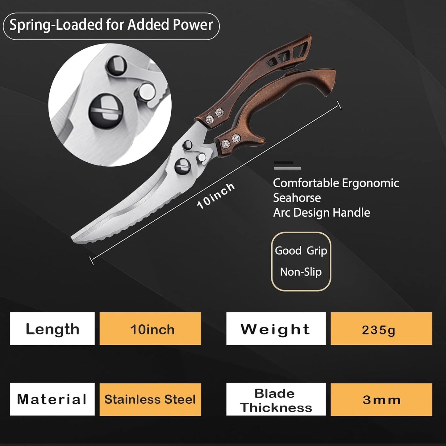 Poultry Shears, Heavy Duty Kitchen Shears with Serrated Edge, No Rust Spring Loaded, Multipurpose Stainless Steel Kitchen Scissors for Chicken, Bone, Meat, Turkey, Fish Thanksgiving Christmas Day