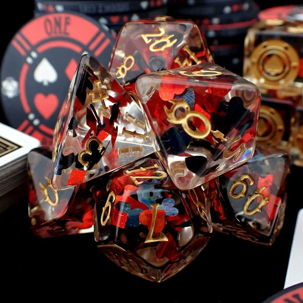 Poker 11 Dice Set with Real Poker Chip | Vegas Themed Gambler Polyhedral Dice Set | DND MTG Board Game Dice