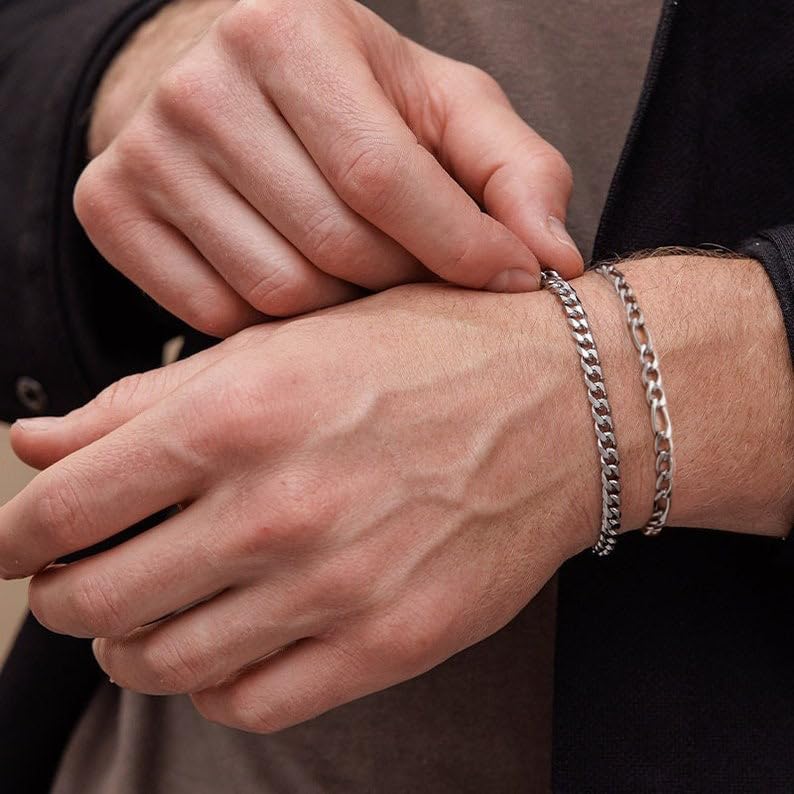 RANKEEF 2 Pcs Chain Bracelet for Men - 925 Sterling Silver Bracelet for Men 7-9inch Figaro Rope Cuban Link Bracelet Set for Men Gifts to Men Dad Husband Boyfriend