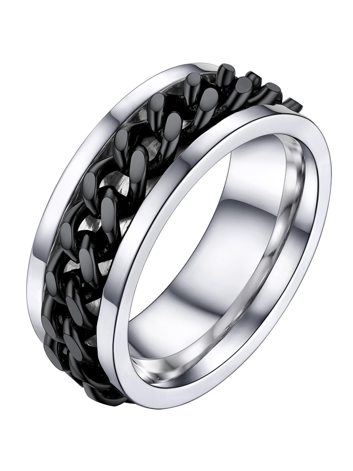 U7 Mens Women Stainless Steel 7mm Wide Band Ring, Hip Hop Thumb Rings Fashion Cuban Link Chain Rings, Size #6-#14 -Color Silver,Black,Gold