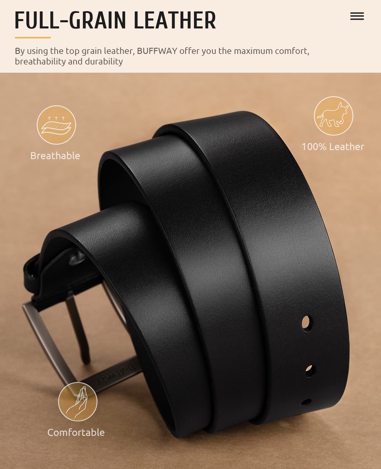 Buffway Minimalist 1.5" Full Grain Leather Belts for Men with Metal Buckle, Heavy Duty Mens Casual Belts in Gift Box