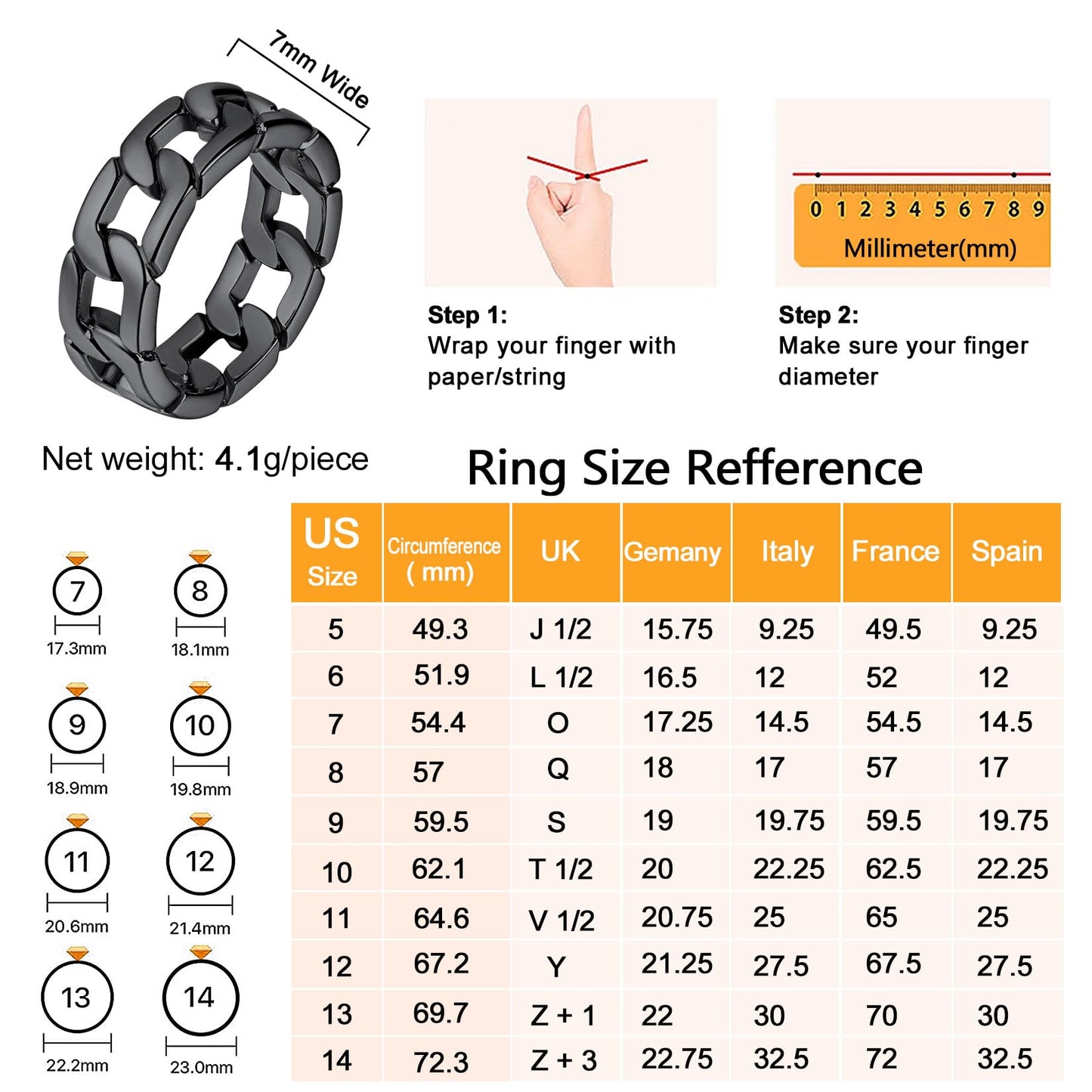 U7 Mens Women Stainless Steel 7mm Wide Band Ring, Hip Hop Thumb Rings Fashion Cuban Link Chain Rings, Size #6-#14 -Color Silver,Black,Gold