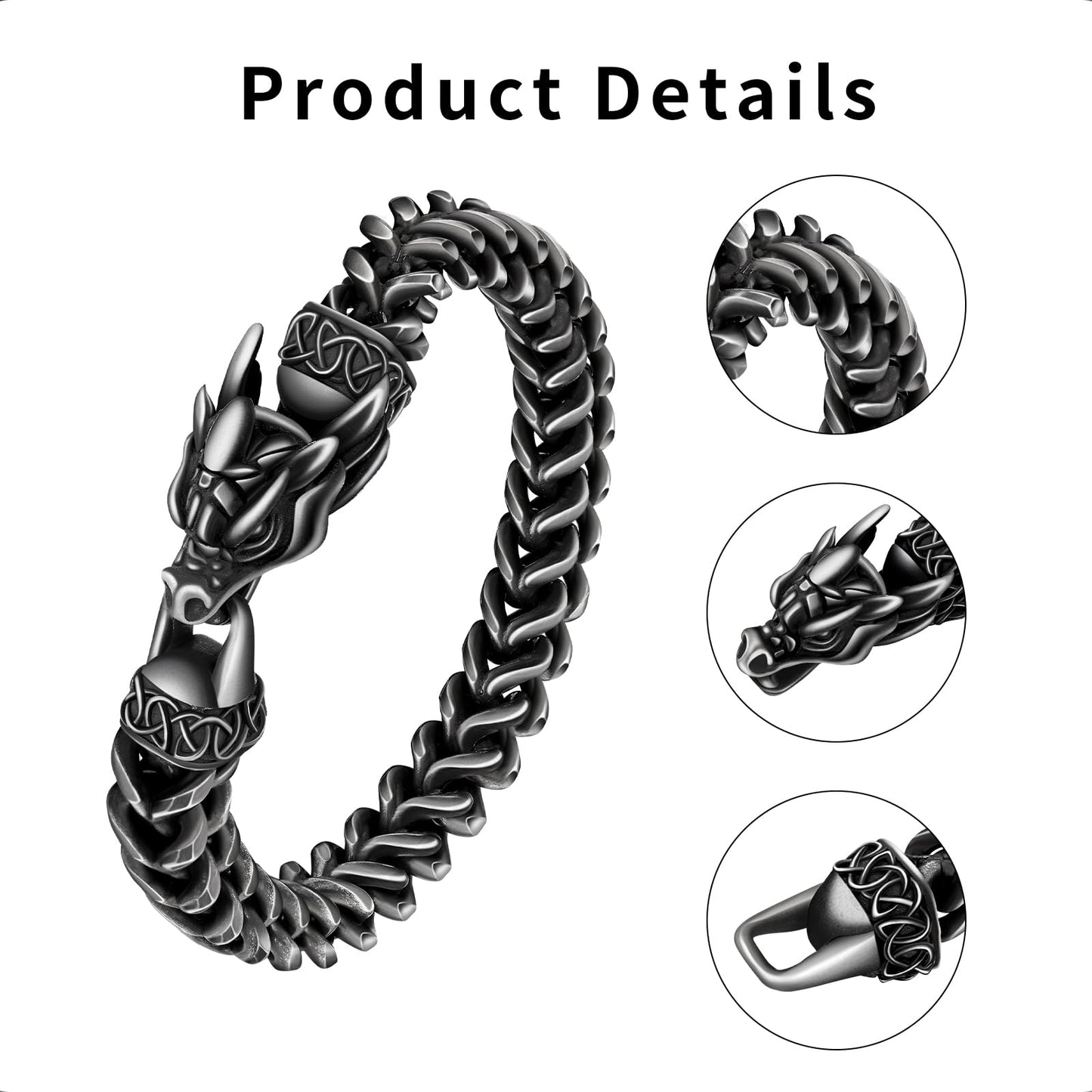Stainless Steel Bracelets for Men, Viking Dragon Cuban Link Mens Bracelet, Punk Norse Jewelry Christmas Gifts for Him Husband Brother Son