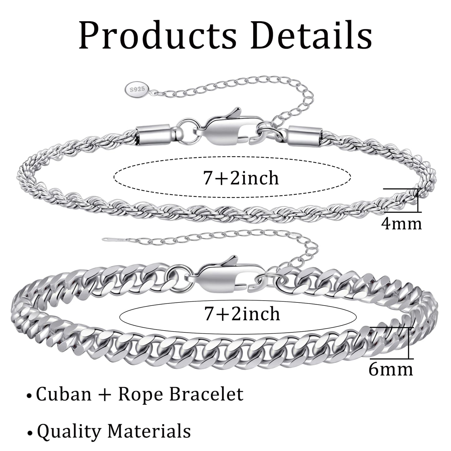 RANKEEF 2 Pcs Chain Bracelet for Men - 925 Sterling Silver Bracelet for Men 7-9inch Figaro Rope Cuban Link Bracelet Set for Men Gifts to Men Dad Husband Boyfriend