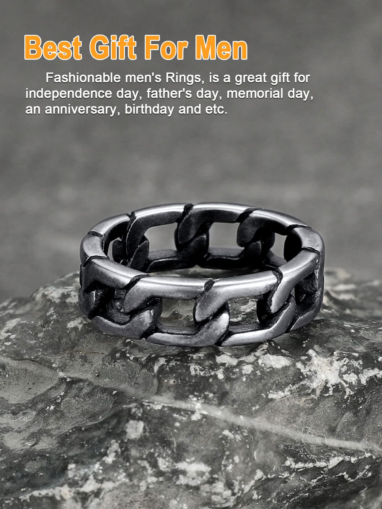 U7 Mens Women Stainless Steel 7mm Wide Band Ring, Hip Hop Thumb Rings Fashion Cuban Link Chain Rings, Size #6-#14 -Color Silver,Black,Gold