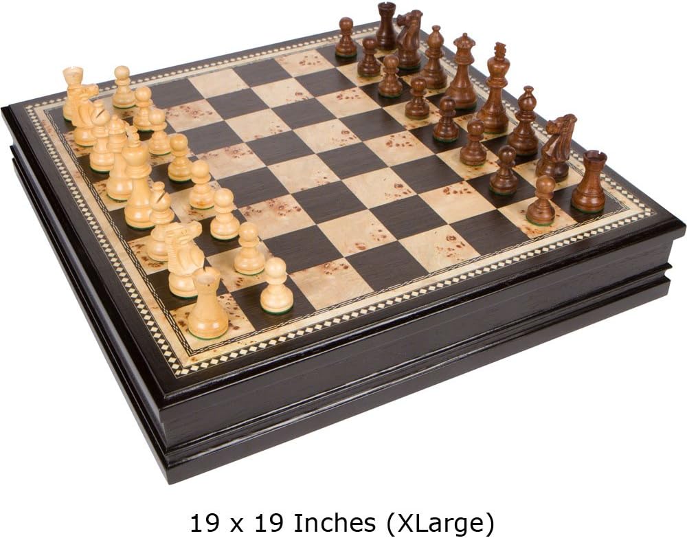 Adrienne Chess Inlaid Burl Wood Board Game with Weighted Wooden Pieces, Extra Large 19 x 19 Inch Set