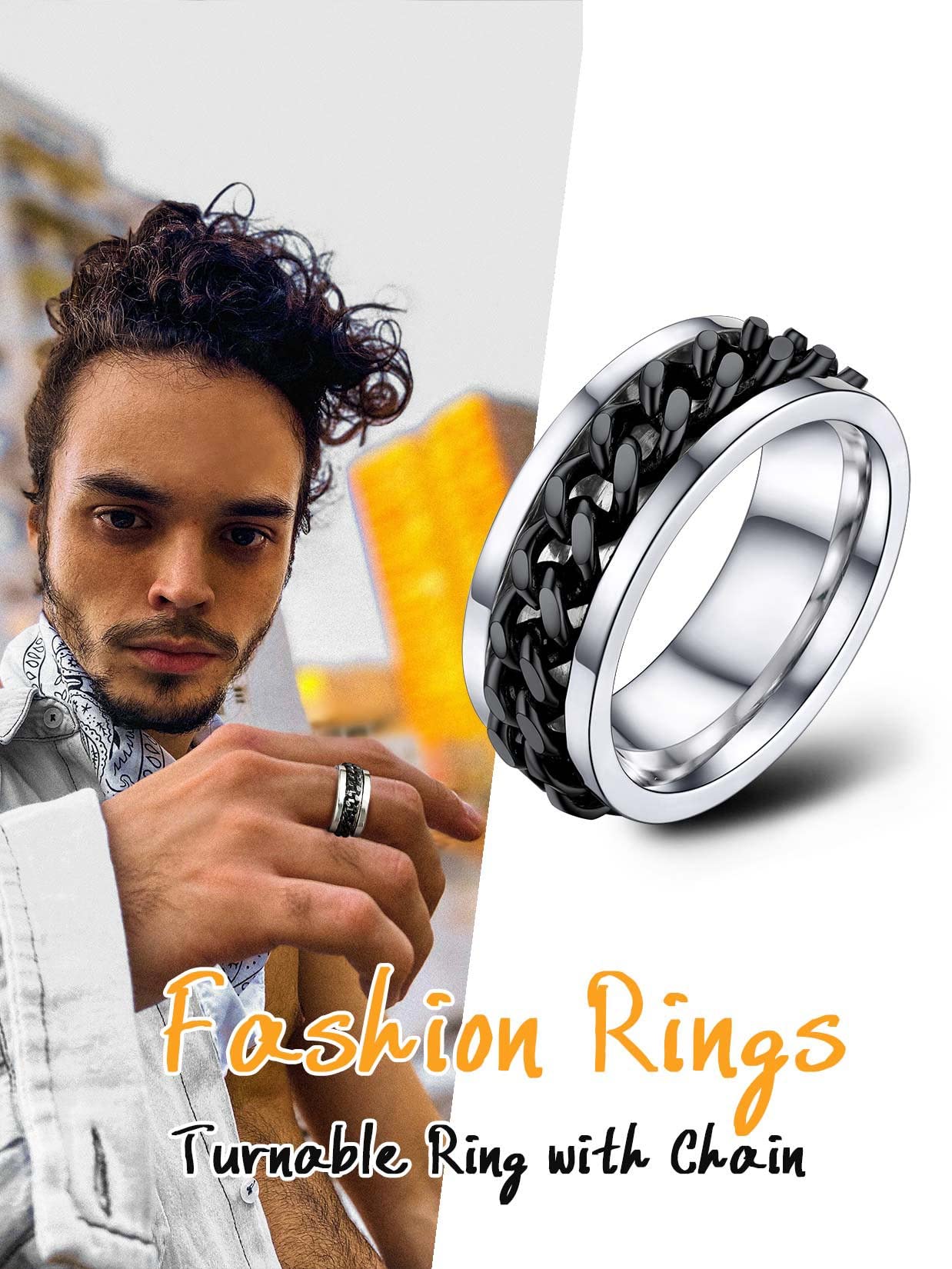 U7 Mens Women Stainless Steel 7mm Wide Band Ring, Hip Hop Thumb Rings Fashion Cuban Link Chain Rings, Size #6-#14 -Color Silver,Black,Gold