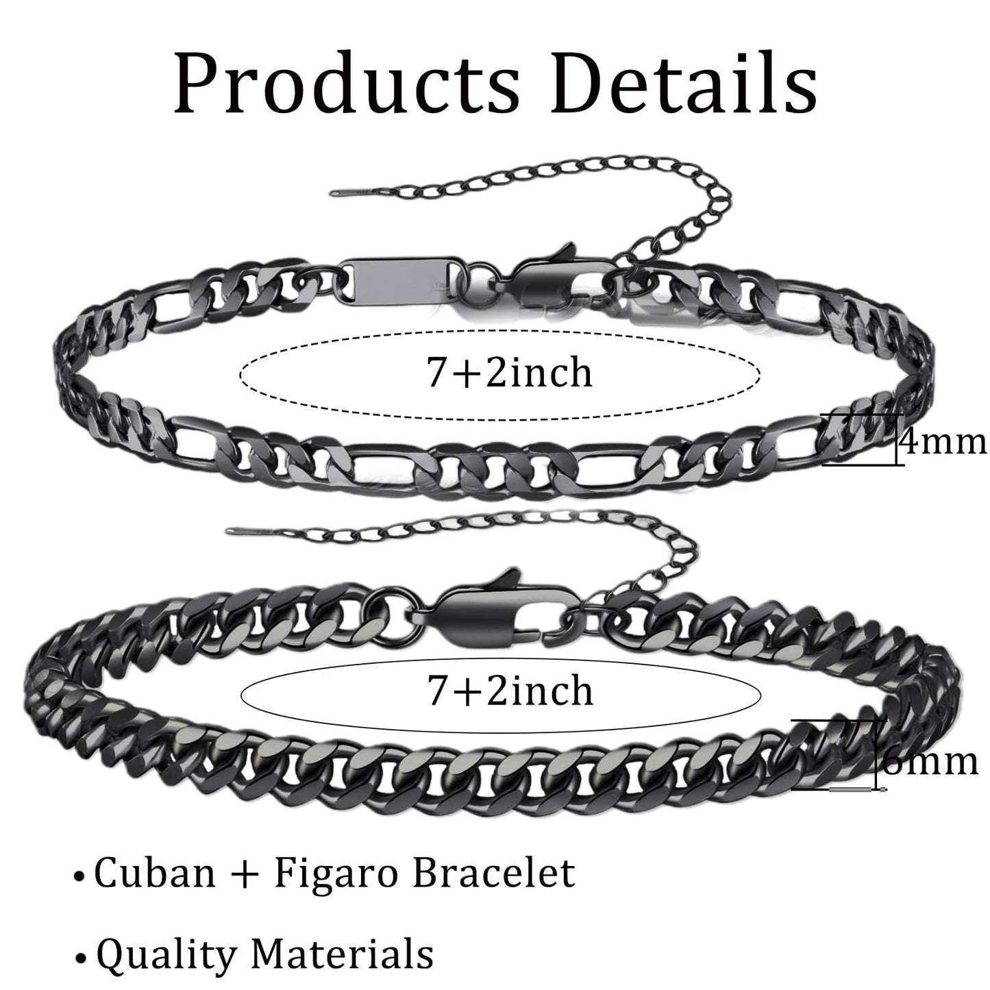 RANKEEF 2 Pcs Chain Bracelet for Men - 925 Sterling Silver Bracelet for Men 7-9inch Figaro Rope Cuban Link Bracelet Set for Men Gifts to Men Dad Husband Boyfriend
