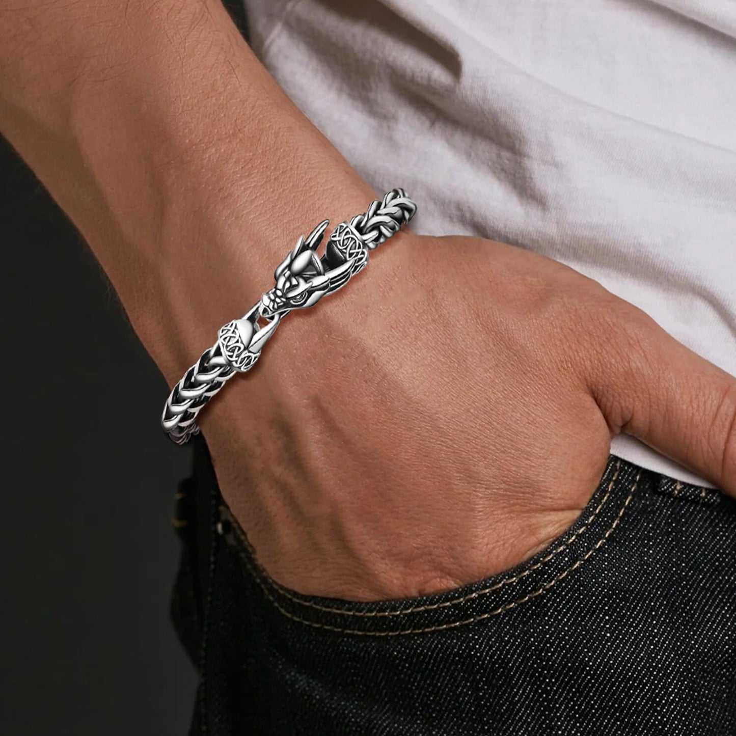 Stainless Steel Bracelets for Men, Viking Dragon Cuban Link Mens Bracelet, Punk Norse Jewelry Christmas Gifts for Him Husband Brother Son