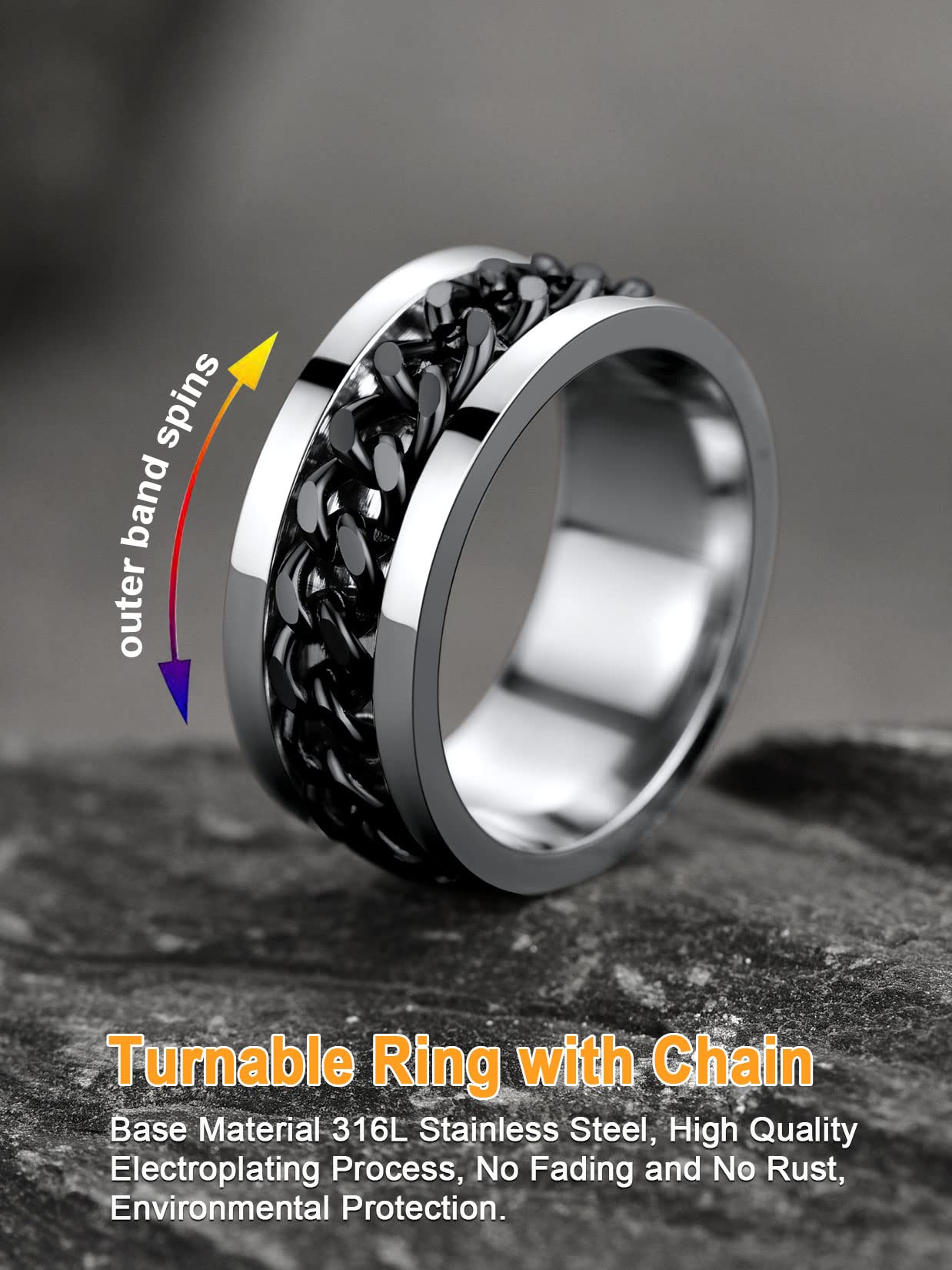 U7 Mens Women Stainless Steel 7mm Wide Band Ring, Hip Hop Thumb Rings Fashion Cuban Link Chain Rings, Size #6-#14 -Color Silver,Black,Gold