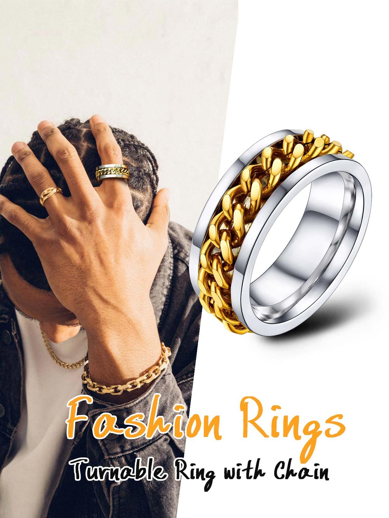 U7 Mens Women Stainless Steel 7mm Wide Band Ring, Hip Hop Thumb Rings Fashion Cuban Link Chain Rings, Size #6-#14 -Color Silver,Black,Gold