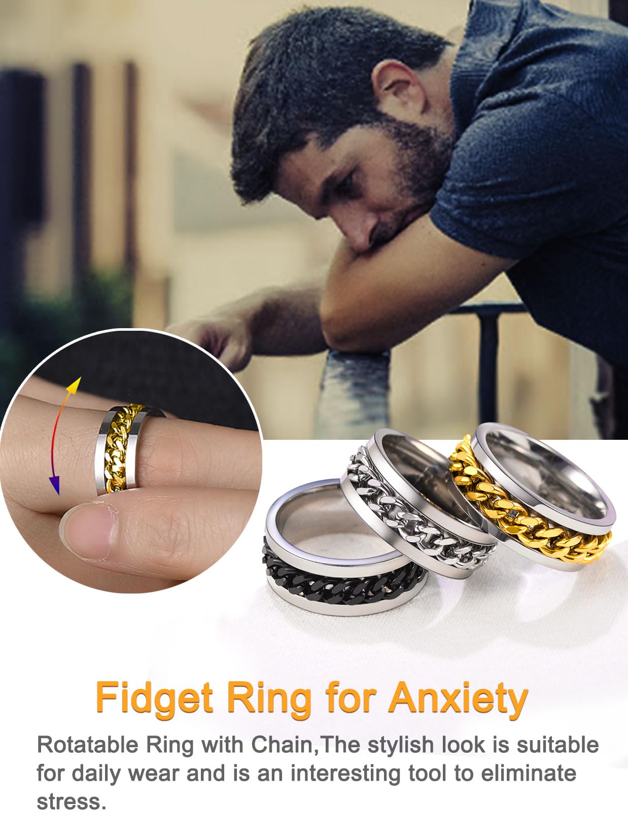 U7 Mens Women Stainless Steel 7mm Wide Band Ring, Hip Hop Thumb Rings Fashion Cuban Link Chain Rings, Size #6-#14 -Color Silver,Black,Gold