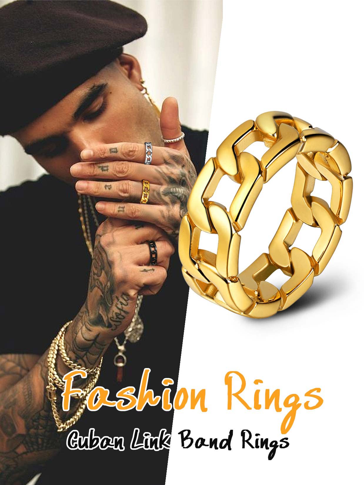 U7 Mens Women Stainless Steel 7mm Wide Band Ring, Hip Hop Thumb Rings Fashion Cuban Link Chain Rings, Size #6-#14 -Color Silver,Black,Gold