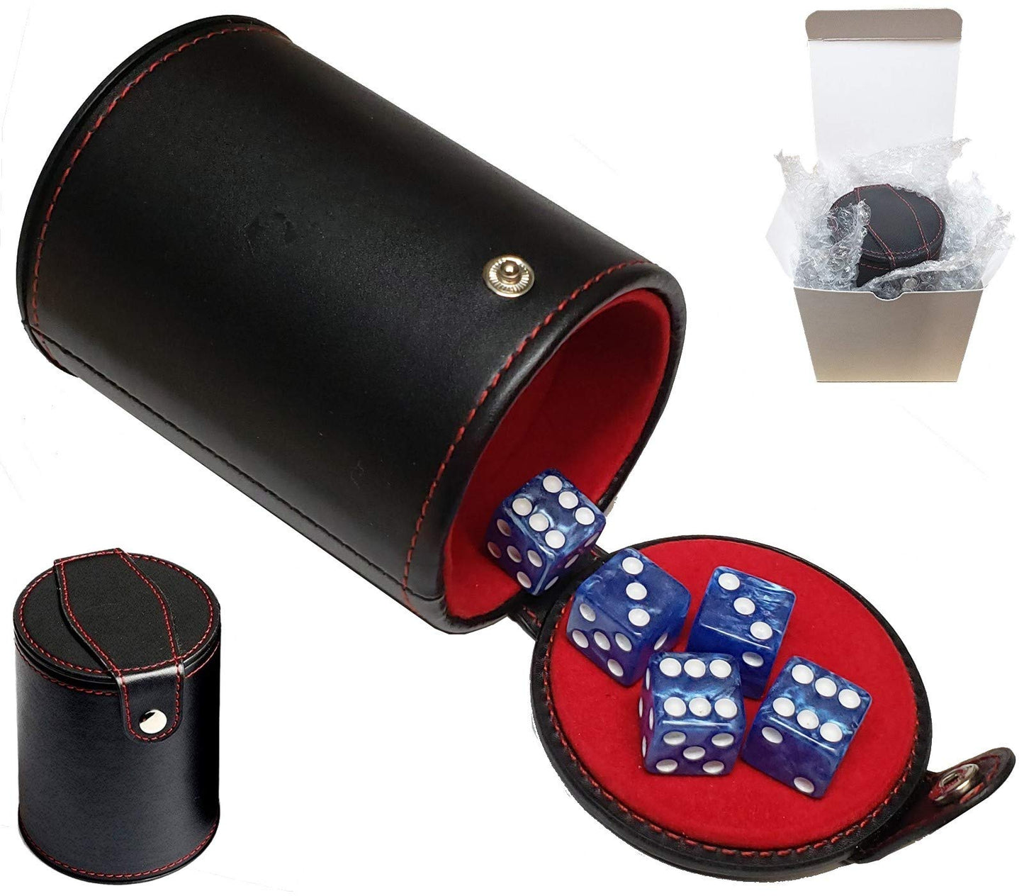 Cyber-Deals Set of 16mm Marbleized Dice and Black PU Leather, Velvet Lined Dice Cup with Storage Compartment (Gift Boxed) (Pearl Dice, Black Lining Cup)