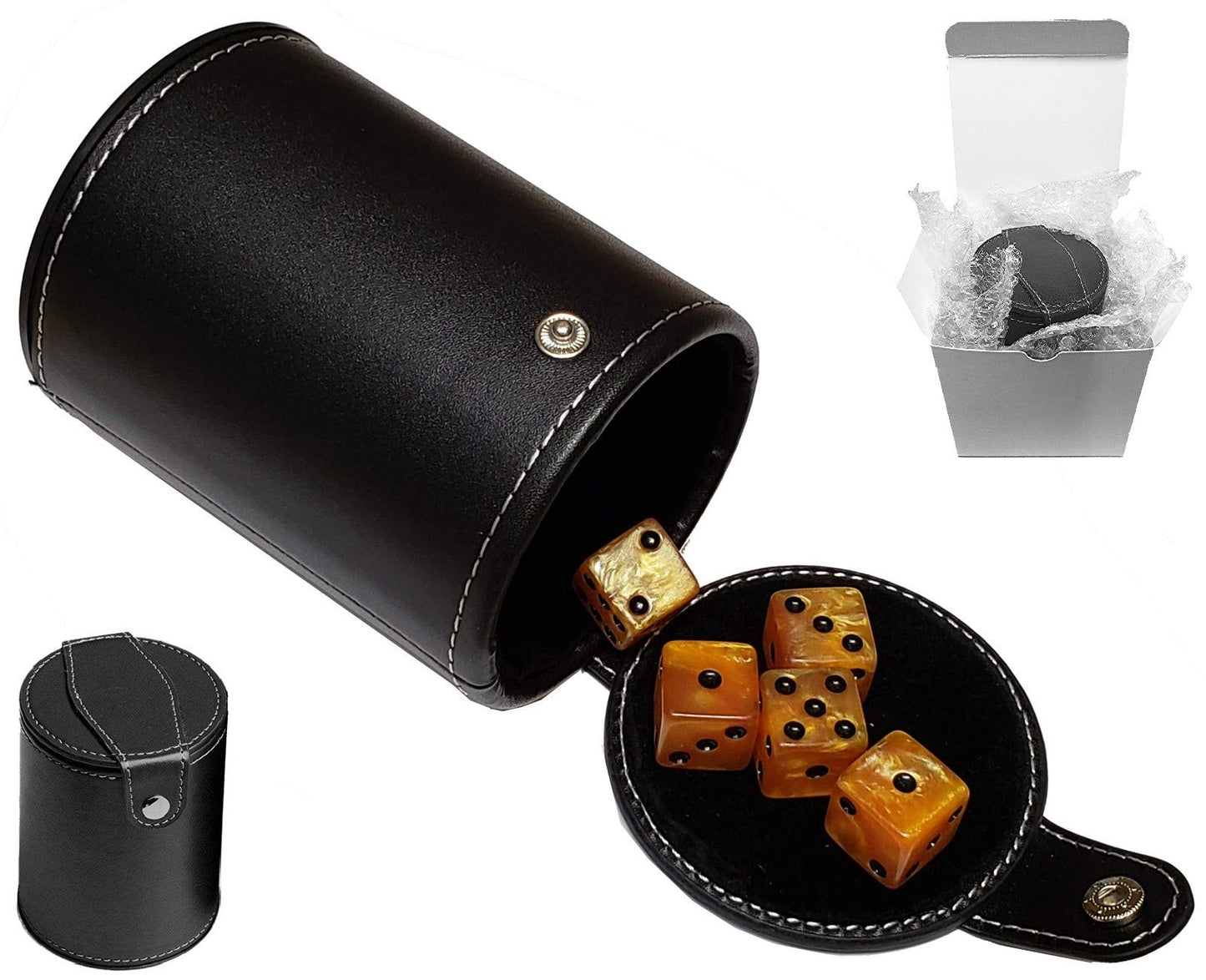 Cyber-Deals Set of 16mm Marbleized Dice and Black PU Leather, Velvet Lined Dice Cup with Storage Compartment (Gift Boxed) (Pearl Dice, Black Lining Cup)
