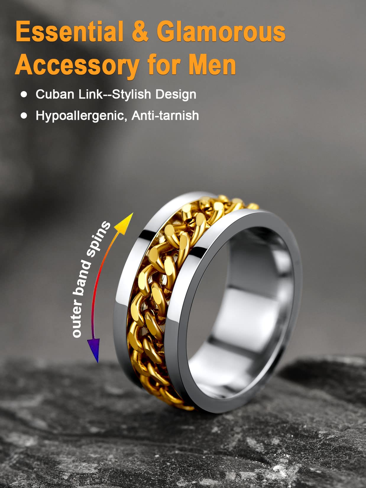 U7 Mens Women Stainless Steel 7mm Wide Band Ring, Hip Hop Thumb Rings Fashion Cuban Link Chain Rings, Size #6-#14 -Color Silver,Black,Gold