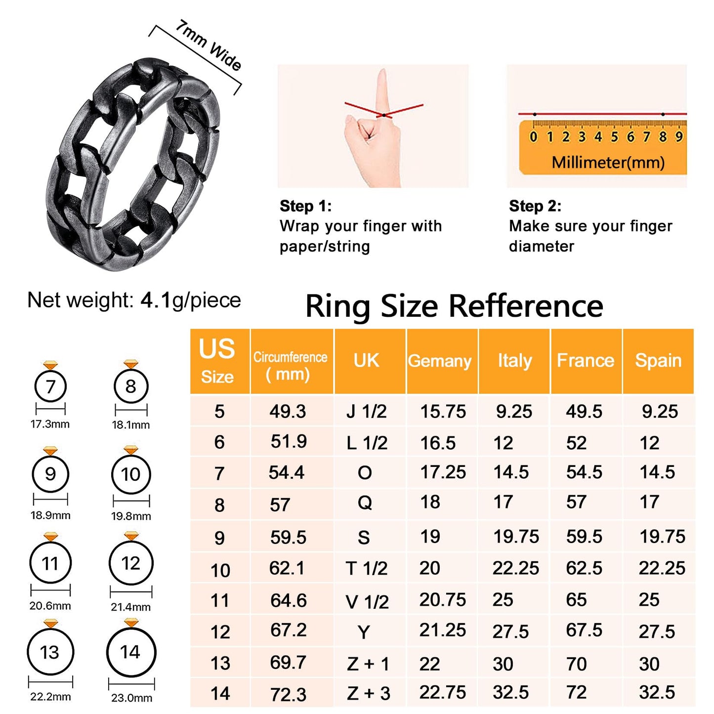 U7 Mens Women Stainless Steel 7mm Wide Band Ring, Hip Hop Thumb Rings Fashion Cuban Link Chain Rings, Size #6-#14 -Color Silver,Black,Gold