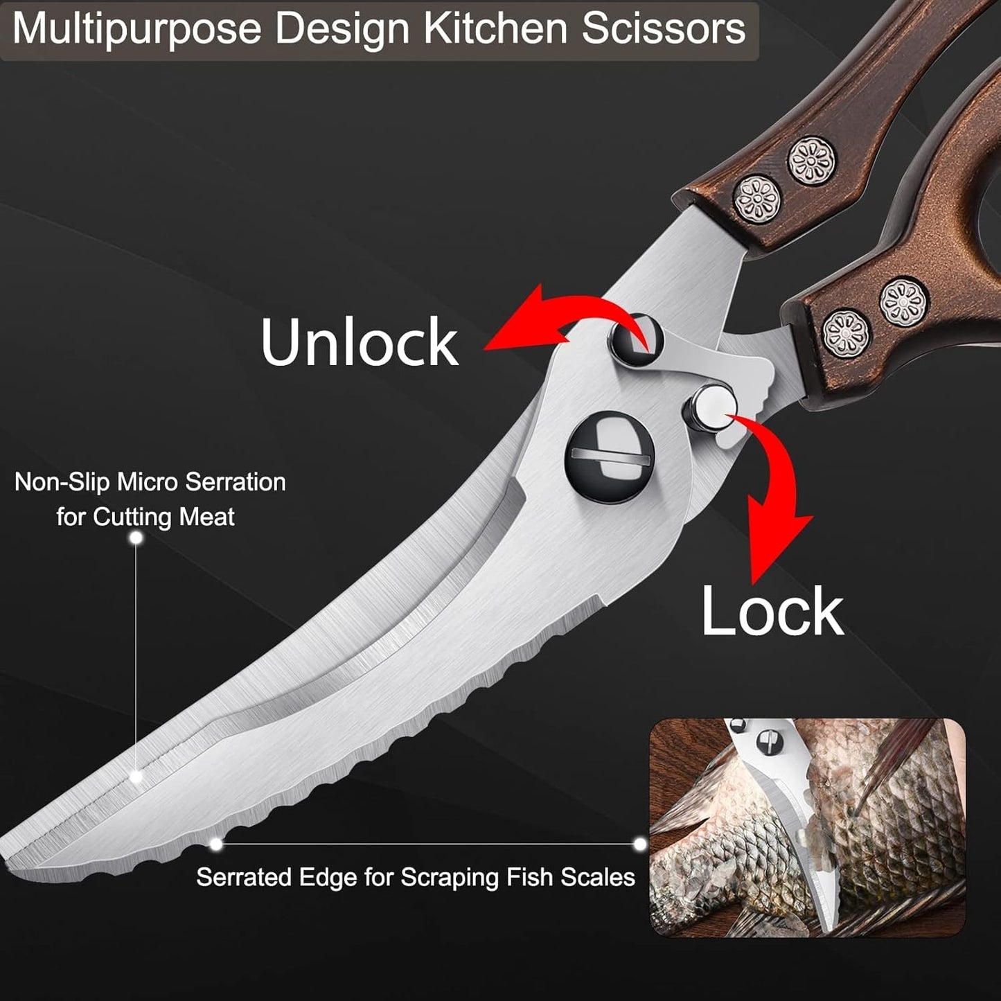 Poultry Shears, Heavy Duty Kitchen Shears with Serrated Edge, No Rust Spring Loaded, Multipurpose Stainless Steel Kitchen Scissors for Chicken, Bone, Meat, Turkey, Fish Thanksgiving Christmas Day