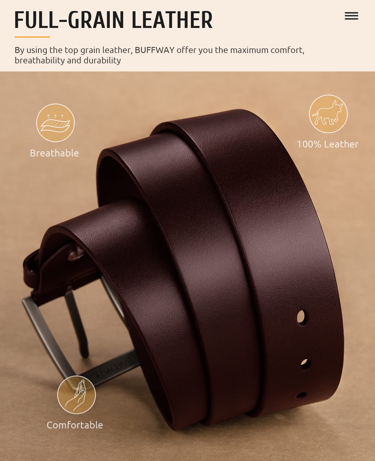 Buffway Minimalist 1.5" Full Grain Leather Belts for Men with Metal Buckle, Heavy Duty Mens Casual Belts in Gift Box