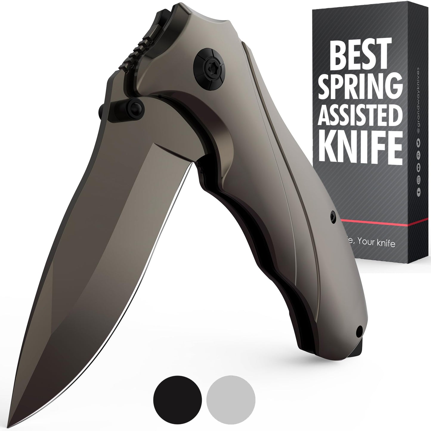 Grand Way Tactical Knife for Men - Black Pocket Knife - Best Spring Assisted Knife with Glass Breaker and Pocket Clip - Cool Folding Knives for Military Work Camping - Birthday Gifts for Dad 6495 B
