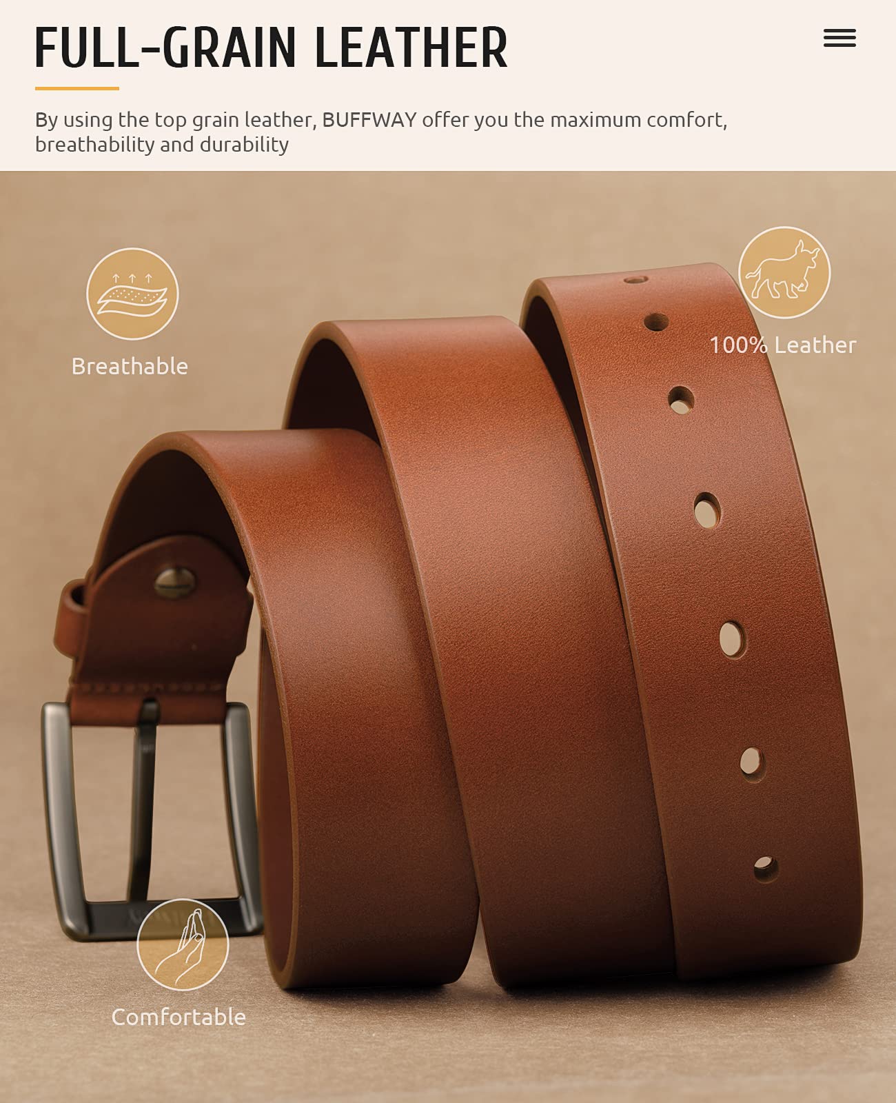 Buffway Minimalist 1.5" Full Grain Leather Belts for Men with Metal Buckle, Heavy Duty Mens Casual Belts in Gift Box
