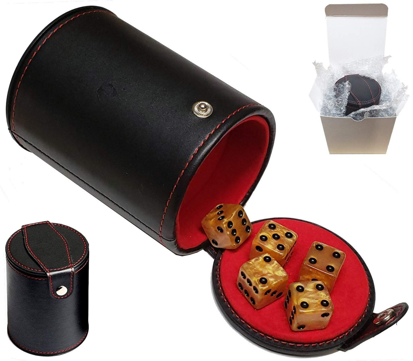 Cyber-Deals Set of 16mm Marbleized Dice and Black PU Leather, Velvet Lined Dice Cup with Storage Compartment (Gift Boxed) (Pearl Dice, Black Lining Cup)