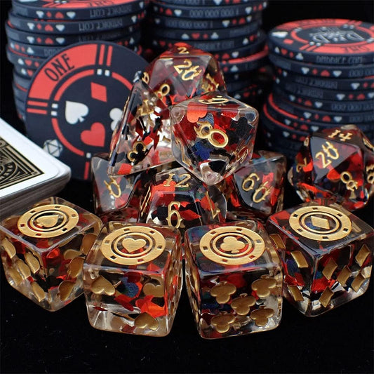 Poker 11 Dice Set with Real Poker Chip | Vegas Themed Gambler Polyhedral Dice Set | DND MTG Board Game Dice
