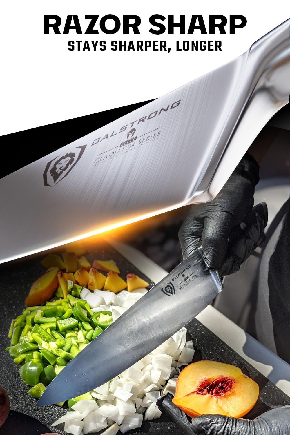 DALSTRONG Chef Knife - 8 inch Blade - Gladiator Series ELITE - Forged HC German Steel Chef's Knife - Razor Sharp Kitchen Knife - Professional Full Tang Knife - Black G10 Handle - Sheath -NSF Certified